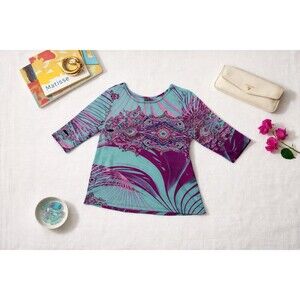 Clara Sun Woo Liquid Knit Top L  Abstract Paisley Tunic Travel Wrinkle Resistant